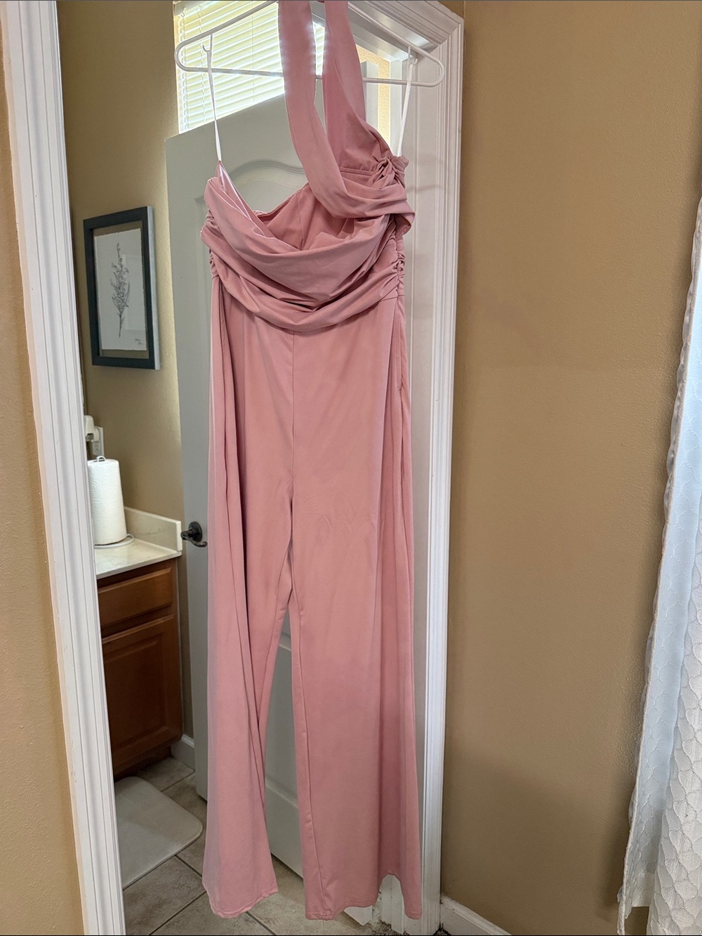SHEIN Dusty Pink Draped Halter Wide-Leg Jumpsuit